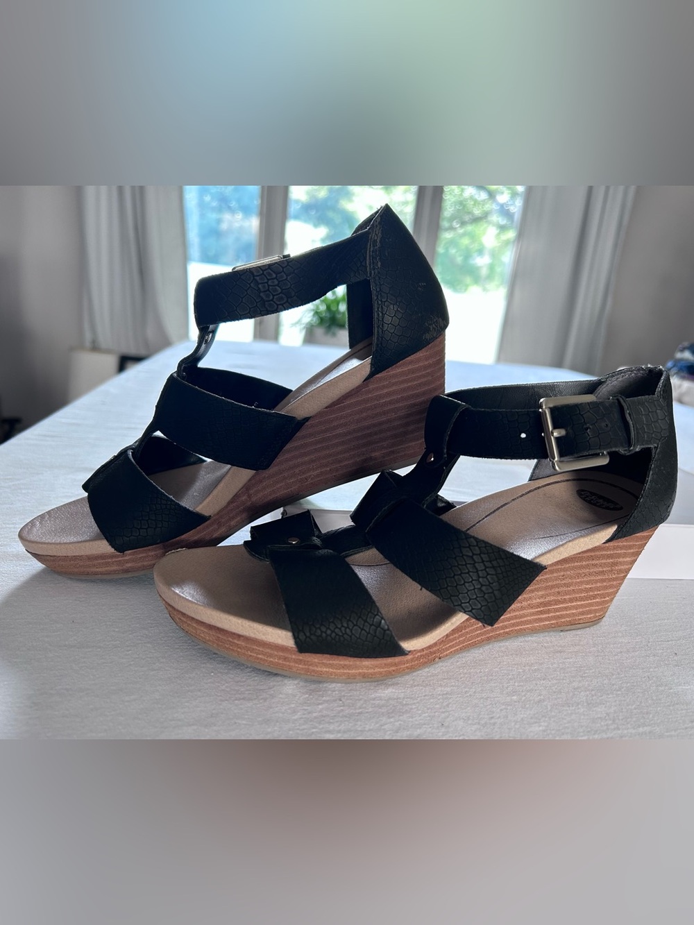 Dr. Scholl's Black Textured Strappy Wedge Sandals with Wood-Tone Heel